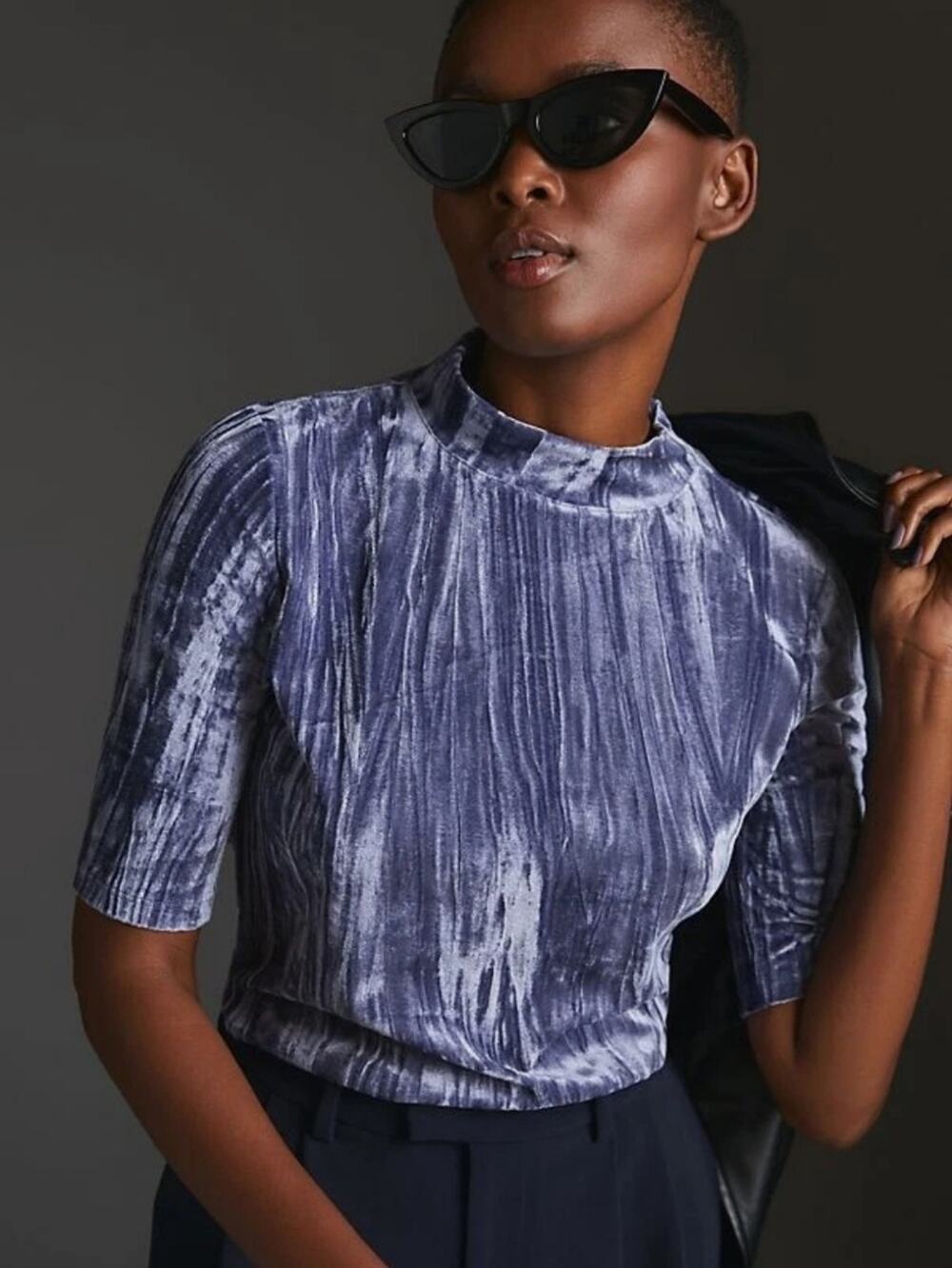 anthropologie Pilcro Slate-Blue Textured Mock Neck Short Sleeve Top